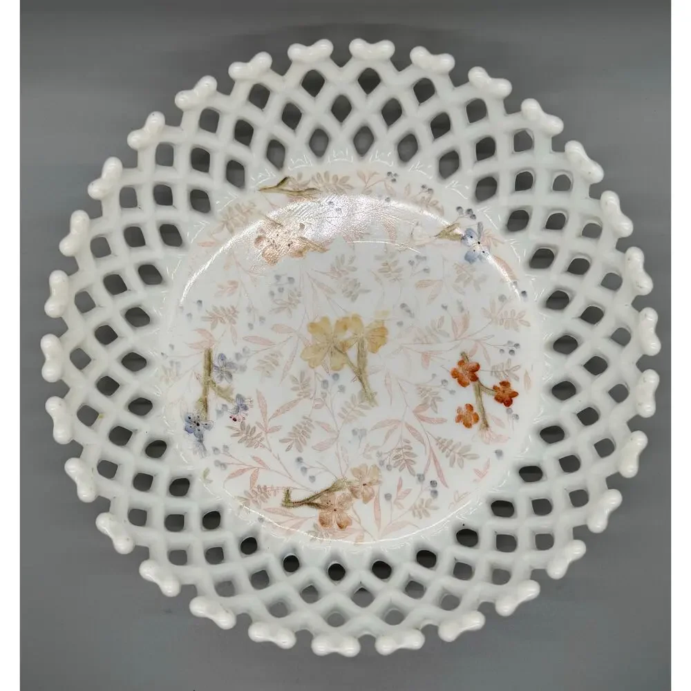 Vtg. Milk Glass Painted Floral Bowl Basket weave Lattice Fruit Compote Open Lace